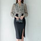 Set: Long-sleeve Tie-neck Snake Print Blouse + Slit-hem Pencil Skirt