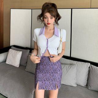 Contrast Color Collared Blouse / Leopard Skirt