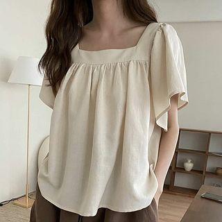 Short-sleeve Square-neck Plain Bow Back Blouse