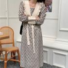 Puff-sleeve Patterned Midi A-line Dress Black & White - One Size