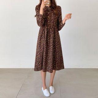 Frill-trim Tie-waist Floral Midi Dress