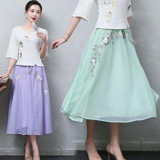 Embroidered Midi A-line Chiffon Skirt