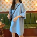 Elbow-sleeve Plain Polo Mini Dress