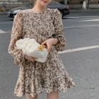 Long-sleeve Floral Print Mini A-line Chiffon Dress Almond - One Size