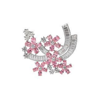 Fashion And Elegant Flower Brooch With Pink Cubic Zirconia Silver - One Size