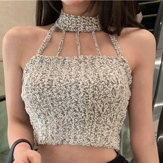 Halter Neck Knit Top Gray Floral - White - One Size
