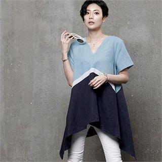 Color-block Linen Blend Long Hanky Top