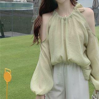 Balloon-sleeve Cold-shoulder Blouse / Wide-leg Pants