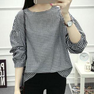 Button-back Checked Lantern-sleeve Blouse