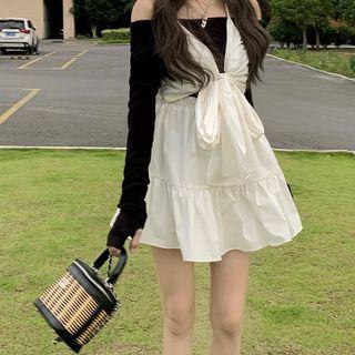 Halter-neck Mini A-line Dress / Long-sleeve Knit Top