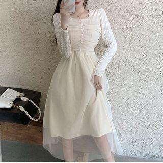 Mesh Overlay Knit Midi A-line Dress