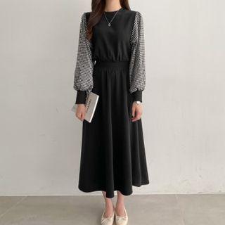 Check-sleeve Band-waist Long Dress