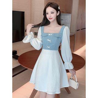 Denim Panel Bell-sleeve Mini A-line Dress