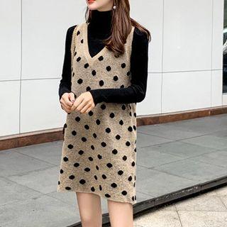 Turtleneck Knit Top / Dotted Long Knit Vest