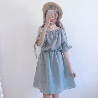 Elbow-sleeve Off-shoulder A-line Midi Dress