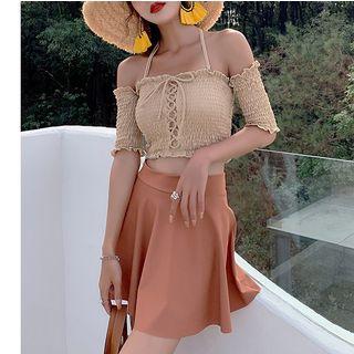Set: Short-sleeve Smocked Swim Top + Bottom + Skirt