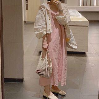 Hooded Button Jacket / Spaghetti Strap Maxi Dress