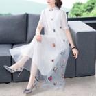 Butterfly Embroidered Short-sleeve Maxi Collared Dress