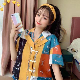 Short-sleeve Printed Shirt Green & Yellow & Tangerine - One Size