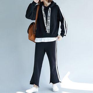 Set: Striped Trim Letter Strap Hoodie + Cropped Sweatpants Black - One Size