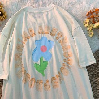 Short-sleeve Crew Neck Lettering Flower Print T-shirt