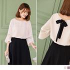 Bell Sleeve Mesh Panel Back Bow Top