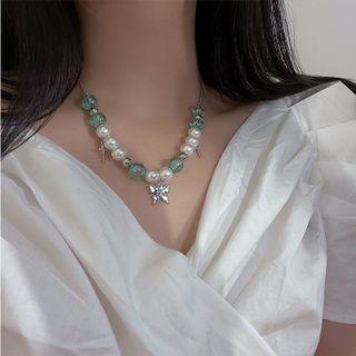 Butterfly Pendant Faux Pearl Choker 1 Piece - Green & Silver - One Size