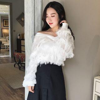 Fringed Off-shoulder Long-sleeve Top