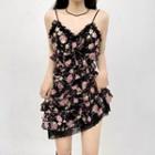 Spaghetti-strap Floral Lace Trim Mini A-line Dress