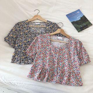 Floral Square-neck Ruffled-trim Short-sleeve Blouse