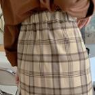 Band-waist Slit-front H-line Plaid Skirt Beige - One Size