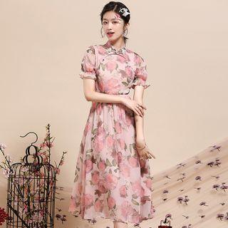 Puff-sleeve Mandarin Collar Floral Midi A-line Dress
