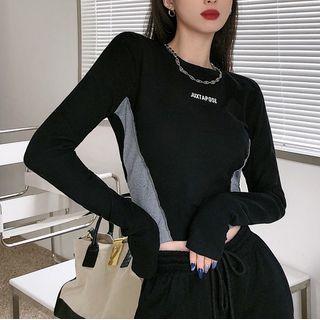 Long-sleeve Lettering Two-tone T-shirt Black & Gray - One Size