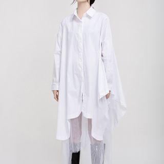 Asymmetric Mesh Panel Long-sleeve Midi Shirtdress