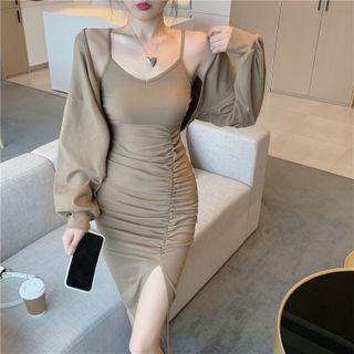 Spaghetti Strap Shirred Bodycon Dress / Shrug