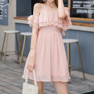 Ruffle Trim Short-sleeve A-line Chiffon Dress