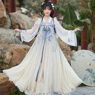 Bell-sleeve Hanfu Top / Maxi A-line Wrap Skirt / Strap / Set
