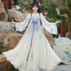 Bell-sleeve Hanfu Top / Maxi A-line Wrap Skirt / Strap / Set