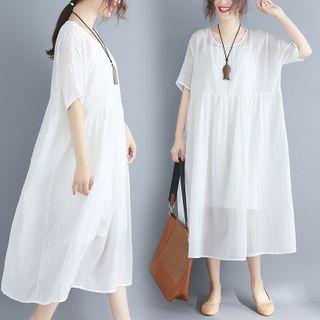 Set: Short-sleeve Midi A-line Dress + Slipdress Dress & Slipdress - White - One Size