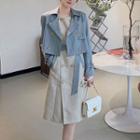 Set: Double-breasted Sleeveless A-line Dress + Striped Cropped Trench Jacket