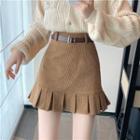 Pleated Corduroy Mini Pencil Skirt With Belt