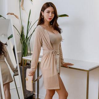 Set: Robe Cardigan + Sheer Camisole Top + Sash