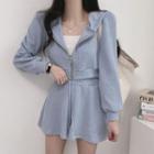Set: Cropped Hooded Zip Jacket + Wide Leg Shorts