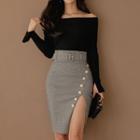 Set: Off-shoulder Knit Top + Slit-front Pencil Skirt
