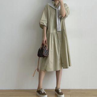 Elbow-sleeve Drawstring-waist Shirt Dress