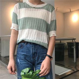 Striped Ripped Elbow Sleeve Knit T-shirt