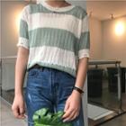 Striped Ripped Elbow Sleeve Knit T-shirt