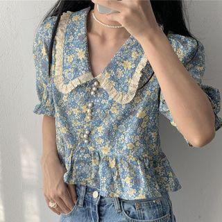 Balloon-sleeve Floral Print Cropped Blouse Floral - Blue - One Size