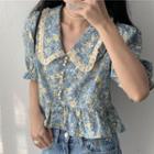 Balloon-sleeve Floral Print Cropped Blouse Floral - Blue - One Size