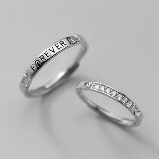 Lettering Rhinestone Sterling Silver Ring 1 Pair - S925 Silver - Silver - One Size